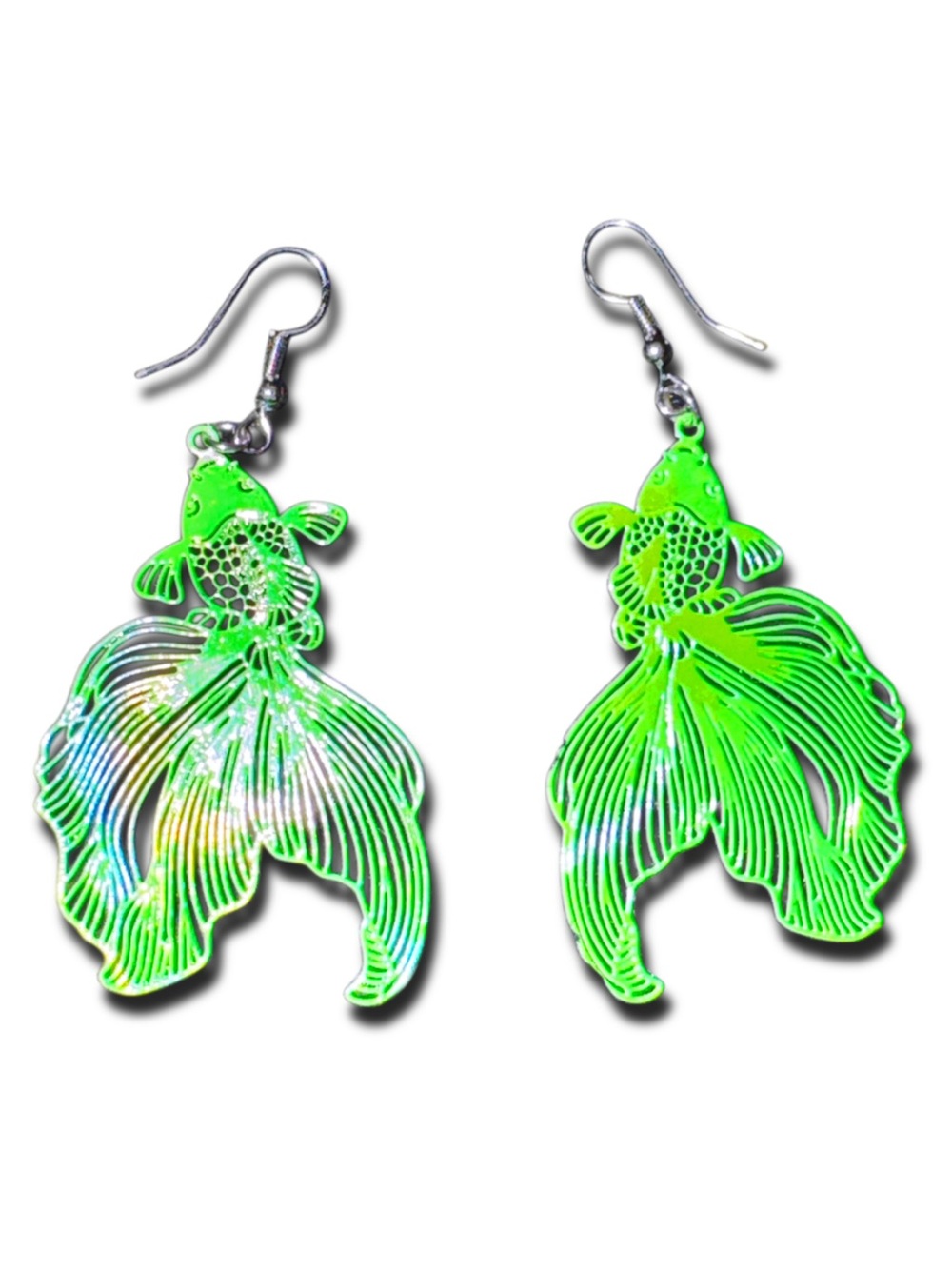 Koi Fish Statement Earrings - Neon Green w/ Yellow hues Metal Laser Cut Earrings